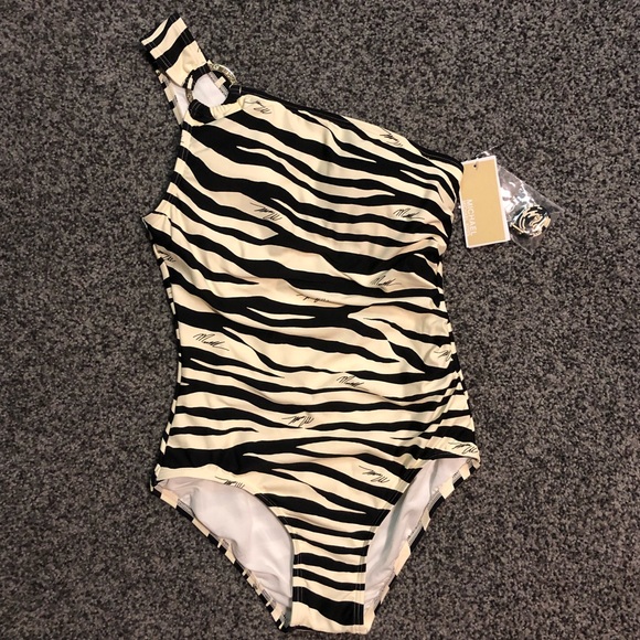 Michael Kors Zebra Print One Shoulder Swimsuit Size 8 NWT - Picture 3 of 11